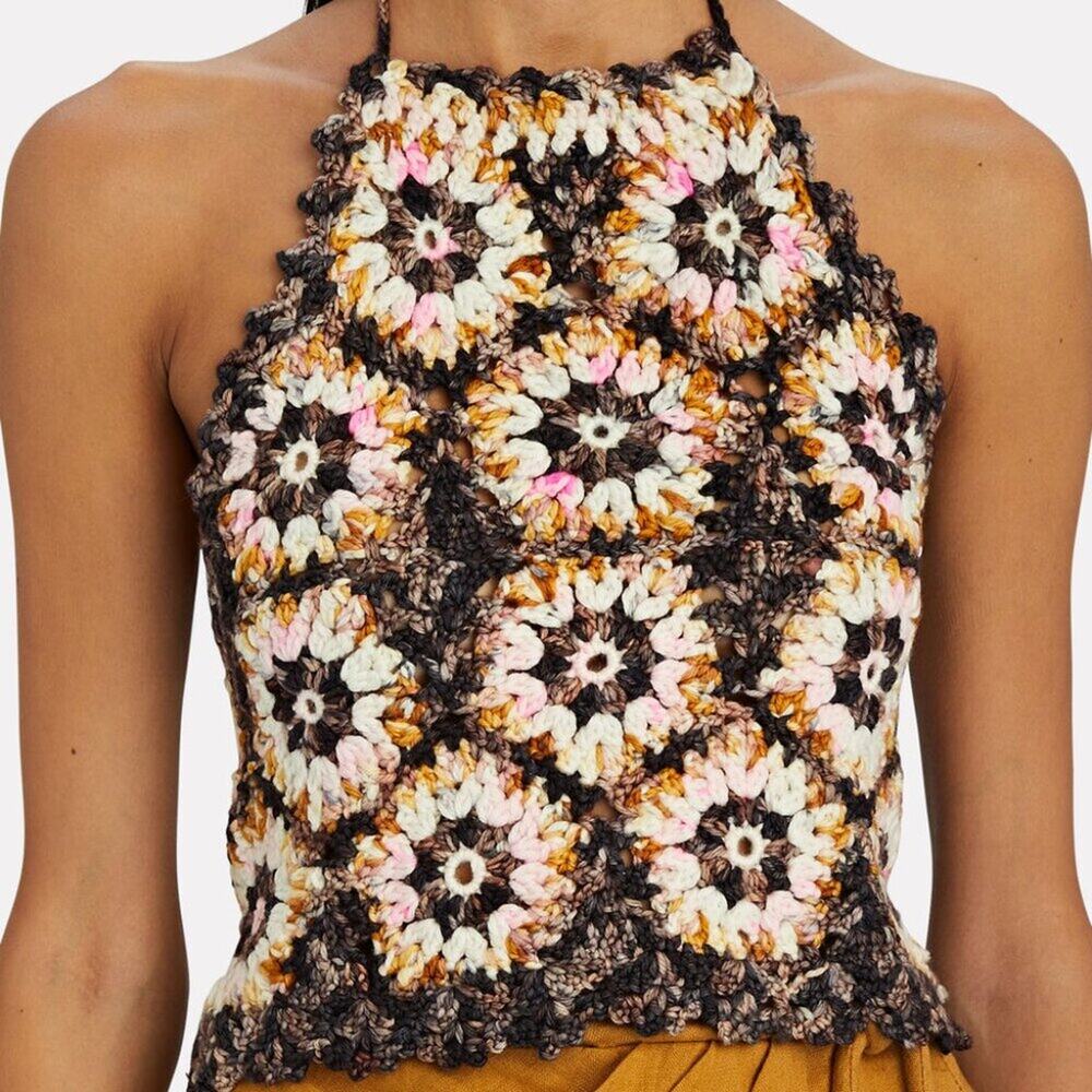 Sea New York Crochet Halter Top in Brown, Cream & Pink